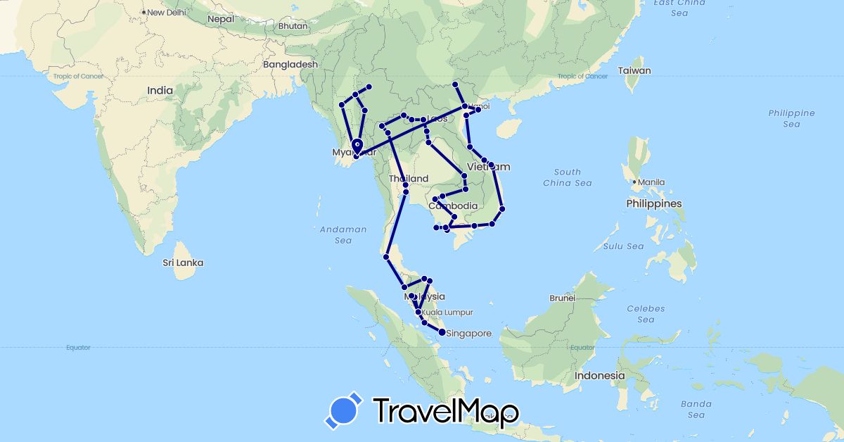 TravelMap itinerary: driving in Cambodia, Laos, Myanmar (Burma), Malaysia, Singapore, Thailand, Vietnam (Asia)